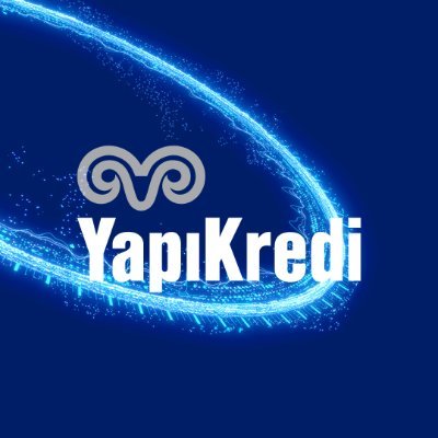 YapıKredi bankasına ait logo, mavi ve elektronik ışıklar var, koç logosu içerisinde.