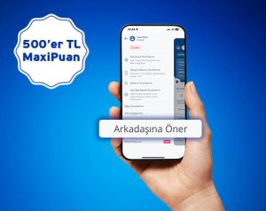 İş bankası arkadaşını davet et kampanyası görseli, elde tutulan telefon, 500 TL maxipuan.